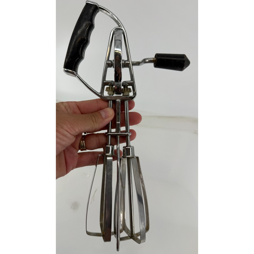 Vtg Stainless Steel Japan Hand Crank Egg Beater Dual Mixer Black Handle Kitchen